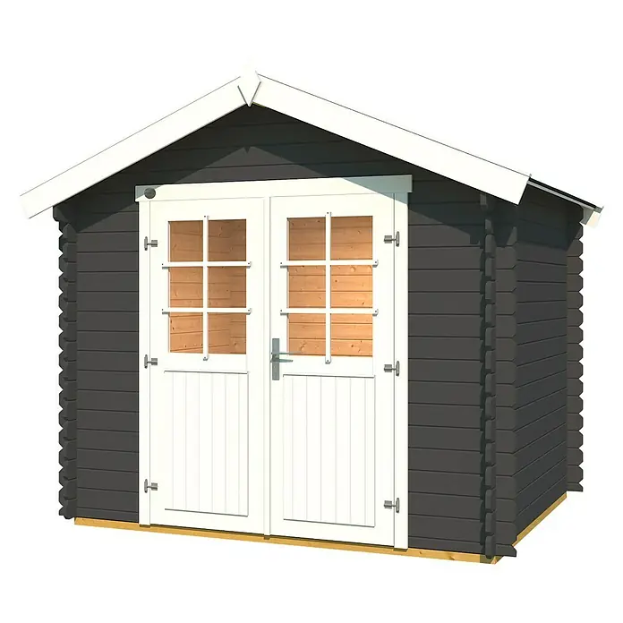 Weka Gartenhaus 209 - Außenmaß inkl. Dachüberstand (B x T): 288 x 284 cm, Holz, Graphitgrau - Abbildung eines grauen Holzgartenhauses mit weißen Türen und Fensterrahmen, das eine attraktive Ergänzung für jeden Garten darstellt.