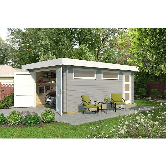 Weka Garage 441 - Holz, Hellgrau, Einzelgarage - Außenansicht eines modernen Gartenhauses mit grauer Holzverkleidung, weißen Akzenten und geöffneten Garagentoren, die den Innenraum zeigen.