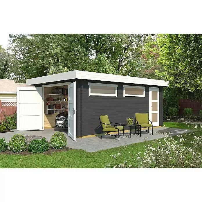 Weka Garage 441 - Holz, Graphitgrau - Dunkelgraues, modernes Gartenhaus mit weißem Besatz, als Garage nutzbar, mit Außensitzbereich.