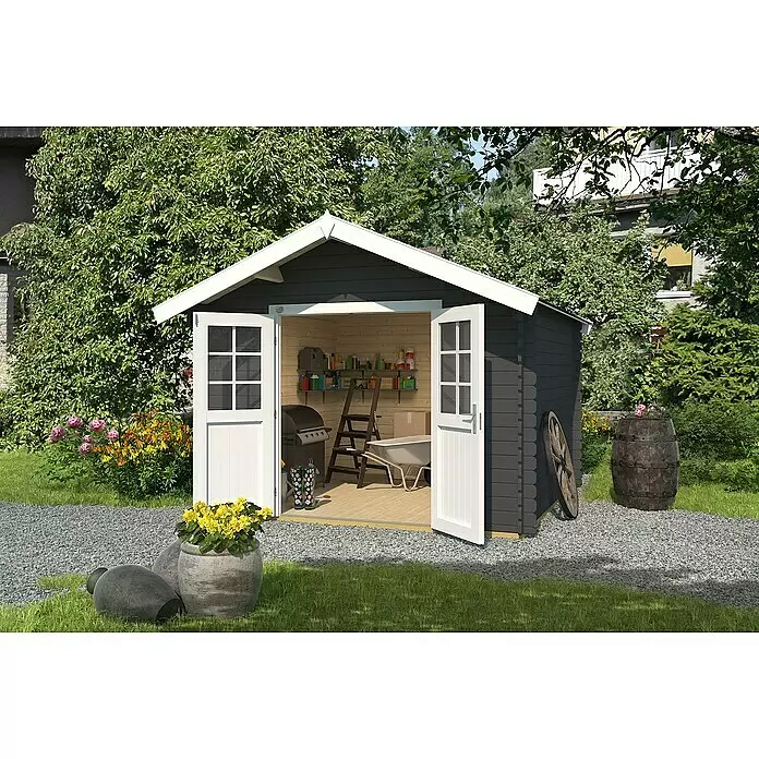 Weka Gartenhaus 209 - Außenmaß inkl. Dachüberstand (B x T): 333 x 360 cm, Holz, Graphitgrau - Dunkelgrauer Geräteschuppen mit weißem Rand und offenen Türen, der ein Holzinterieur mit Gartengeräten zeigt, umgeben von Pflanzen und einem Kiesweg.