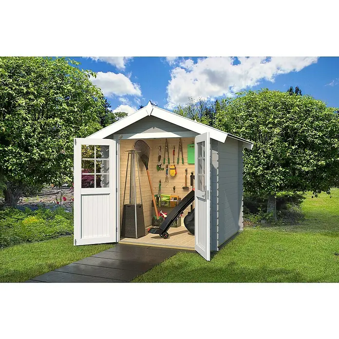 Weka Gartenhaus 209 - Außenmaß inkl. Dachüberstand (B x T): 253 x 244 cm, Holz, Hellgrau - Geräumiger Gartenschuppen aus Holz mit Doppeltür und Fenstern, ideal zur Aufbewahrung von Gartengeräten und -möbeln im Außenbereich.