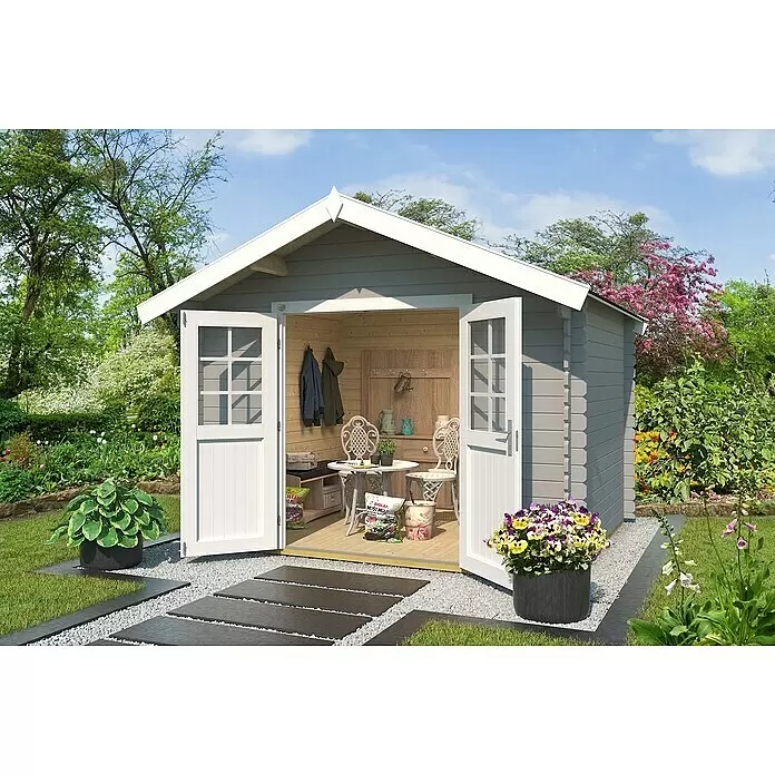 Weka Gartenhaus 209 - Außenmaß inkl. Dachüberstand (B x T): 333 x 261 cm, Holz, Hellgrau - Graues Holzgartenhaus mit weißer Zierleiste und offenen Türen, die einen gemütlichen Innenraum mit Sitzgelegenheiten und Gartengeräten zeigen.