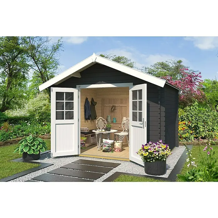 Weka Gartenhaus 209 - Außenmaß inkl. Dachüberstand (B x T): 333 x 310 cm, Holz, Graphitgrau - Einladender Garten: Das Gartenhaus präsentiert sich mit offenen Türen, umgeben von üppigem Grün und blühenden Blumen, die zum Verweilen einladen.