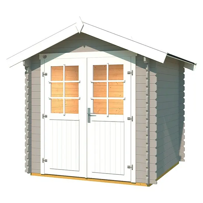 Weka Gartenhaus 209 - Außenmaß inkl. Dachüberstand (B x T): 253 x 244 cm, Holz, Hellgrau - Bild eines Gartenhauses mit Doppeltür und Sprossenfenstern unter einem Giebeldach, ideal für die Gartenaufbewahrung.