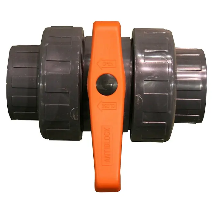 Gre PVC-Kugelhahn - Passend für: Schläuche mit Ø 50 mm - Ein PVC-Kugelhahn mit orangefarbenem Griff und der Aufschrift "ANTIBLOCK", der zur Steuerung des Durchflusses in Rohrsystemen verwendet wird.