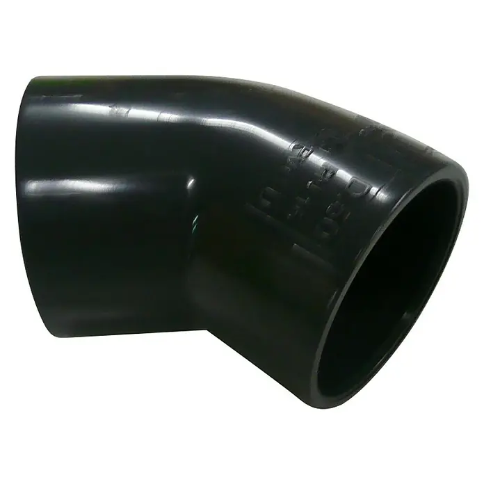 Gre Winkel - 50 mm - Schwarzer PVC-Rohrbogen mit einem Winkel von 45 Grad für Sanitäranwendungen, ideal für den Bau von Abwassersystemen.