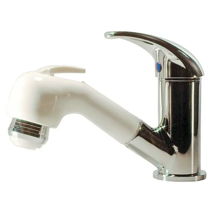 Grifo de lavabo monomando - L x Al: 180 x 135 mm, Extensible, Plata - Un grifo de cocina con un rociador giratorio. El grifo mezclador tiene un cuerpo cromado y un cabezal rociador blanco.