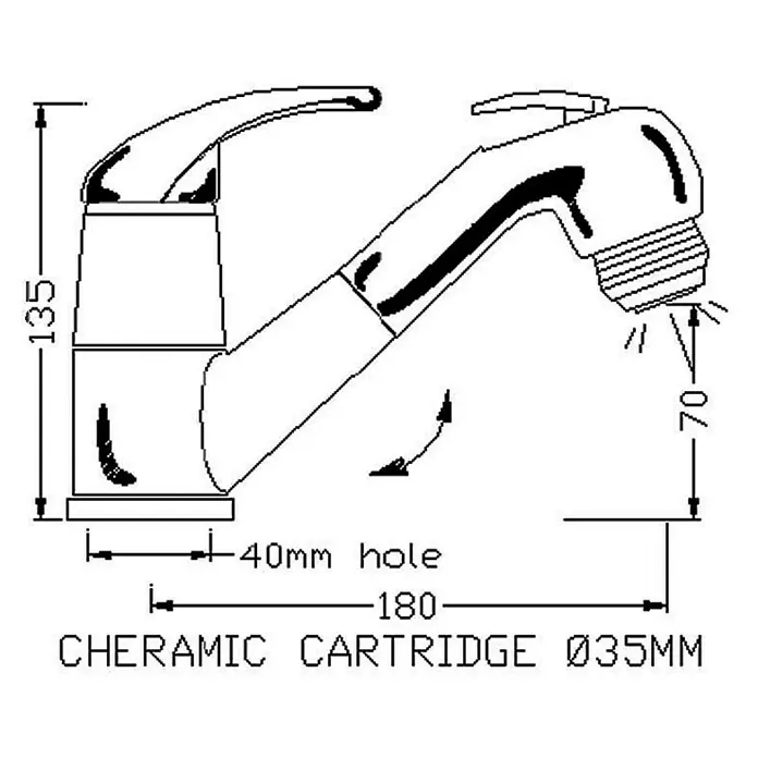 Grifo de lavabo monomando - L x Al: 180 x 135 mm, Extensible, Plata - Dibujo técnico de un grifo de cocina con dimensiones. Ideal para baño y cocina, muestra detalles como agujero de 40mm y altura de 135mm.