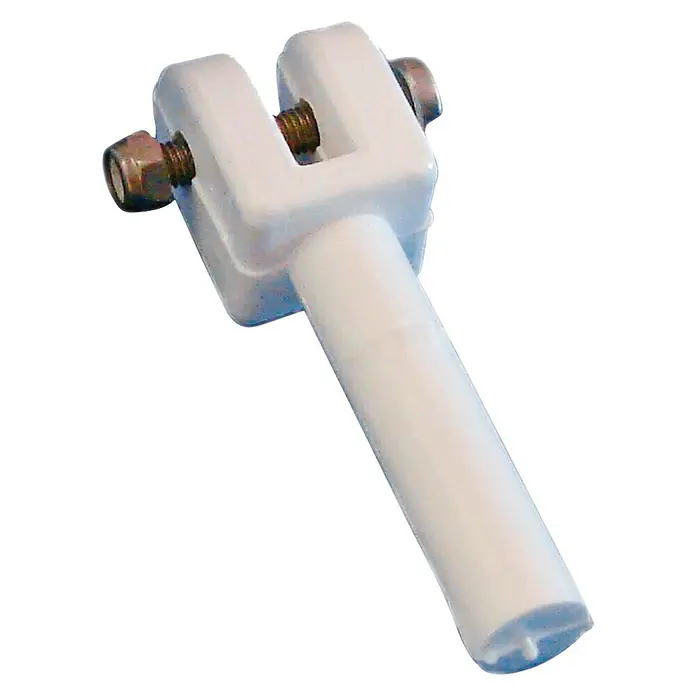 Perno de anclaje para toldo - Blanco, Nylon - Una pieza de plástico blanca con un pasador cilíndrico y un soporte en forma de U, fijado con tornillos.
