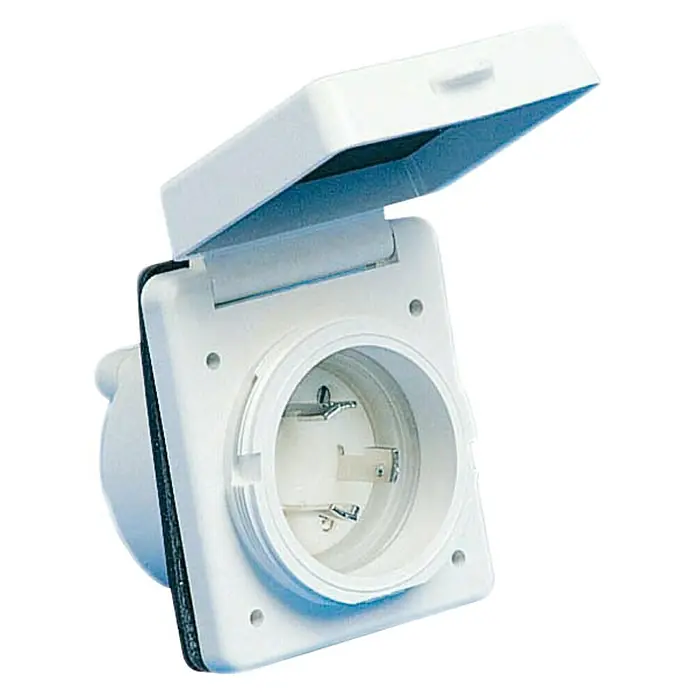 Enchufe con tapa - Blanco, 30 A, Protegido contra salpicaduras de agua - Toma de corriente blanca resistente a la intemperie con tapa abierta, ideal para uso en exteriores en vehículos recreativos.