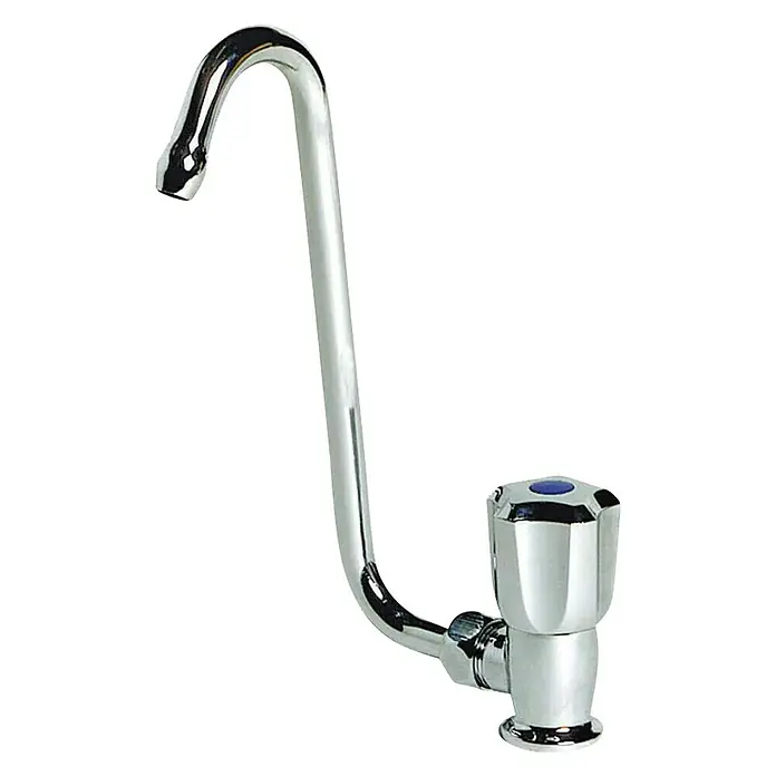 Grifo de lavabo abatible - An x Al: 72 x 90 mm, Abatible, Plata - Grifo cromado con un botón azul, perfecto para cocina o baño, que proporciona estilo y funcionalidad.