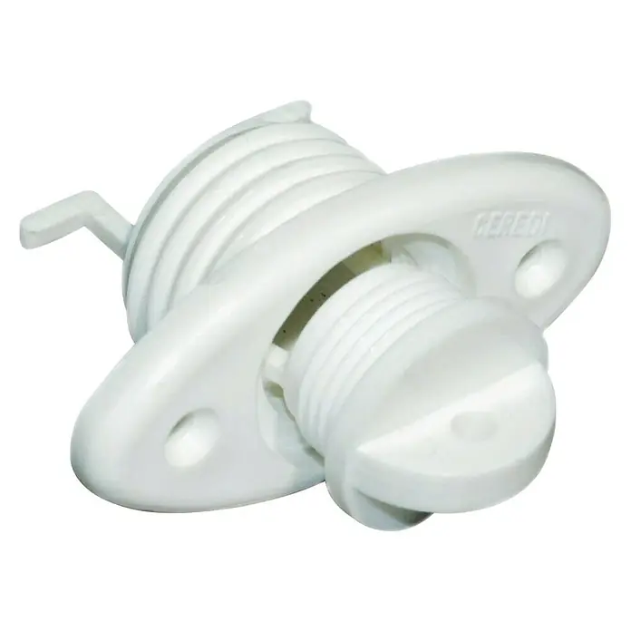 Válvula de desagüe anti-retorno - Blanco, Plástico - Tapón de desagüe para embarcación de plástico blanco con empuñadura moleteada y palanca lateral para facilitar su uso. Perfecto para barcos.