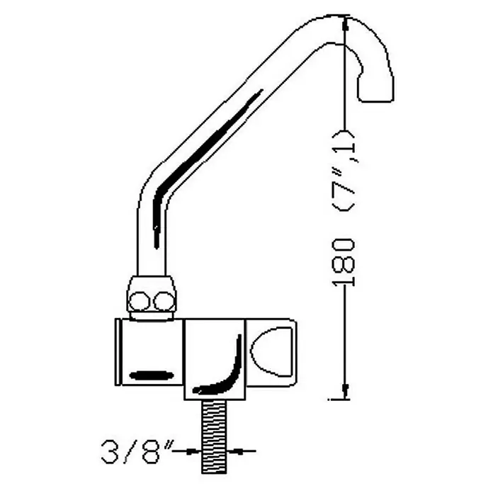 Grifo de lavabo abatible - An x Al: 89 x 180 mm, Abatible, Plata - Ilustración de un grifo con dimensiones de 180 (7",1) y 3/8", ideal para dibujos técnicos o fichas de producto.