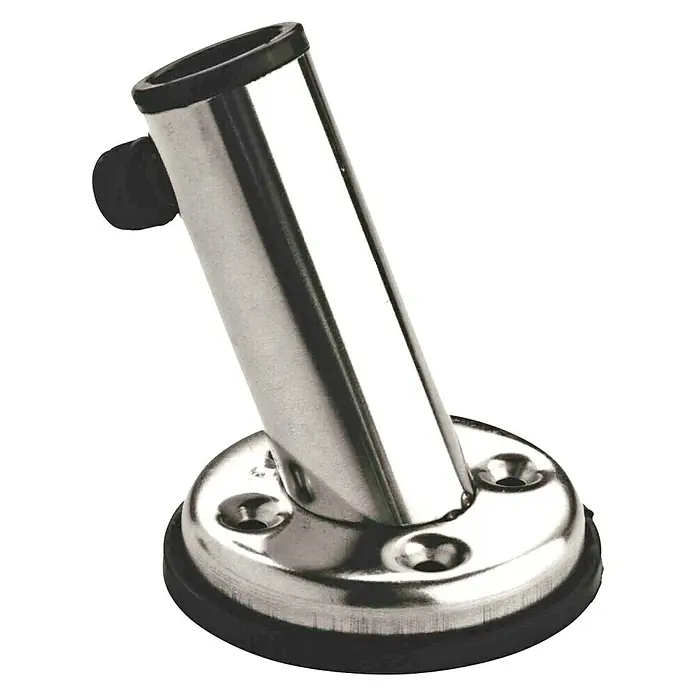 Soporte de mástil de bandera - Diámetro: 22 mm, Acero inoxidable - Primer plano de un soporte de barandilla de acero inoxidable con base de goma negra y un tornillo de mariposa para asegurar objetos.