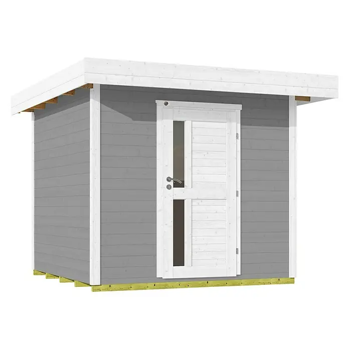 Weka Gartenhaus 172 - Außenmaß inkl. Dachüberstand (B x T): 275 x 375 cm, Holz, Grau - Grauer Holzschuppen mit weißer Tür und weißem Dach. Ideal zur Aufbewahrung von Gartengeräten und Werkzeugen im Außenbereich.