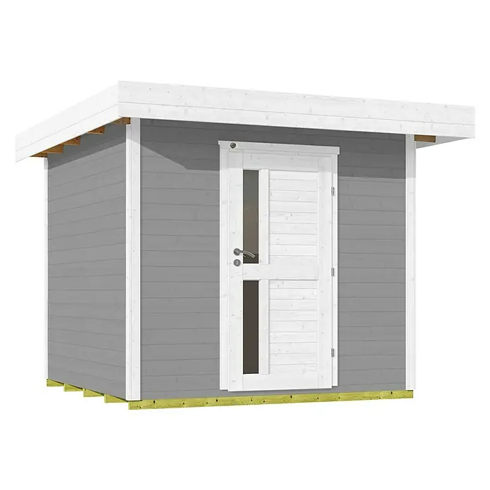 Weka Gartenhaus 172 - Außenmaß inkl. Dachüberstand (B x T): 275 x 314 cm, Holz, Grau - Ein modernes graues Gartenhaus mit Flachdach und weißer Tür mit Glaseinsätzen. Das Gartenhaus steht auf einem Holzfundament.