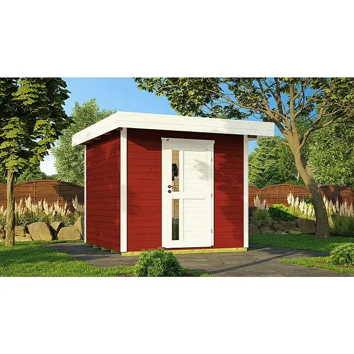 Weka Gartenhaus 172 - Außenmaß inkl. Dachüberstand (B x T): 275 x 375 cm, Holz, Schwedenrot - Rotes Gartenhaus mit weißer Tür und weißem Dach in einem üppigen Garten. Das Gartenhaus bietet Stauraum und fügt sich gut in die natürliche Umgebung ein.
