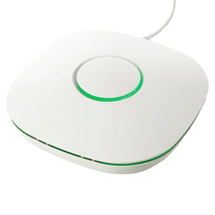 Fluidra Blue Connect WLAN-Verstärker - Passend für: Fluidra Blue Connect Wasser-Analysegerät - Nahaufnahme eines weißen Smart-Home-Hubs mit grünen LED-Leuchten, der ein elegantes und modernes Design für die Hausautomatisierung zeigt.