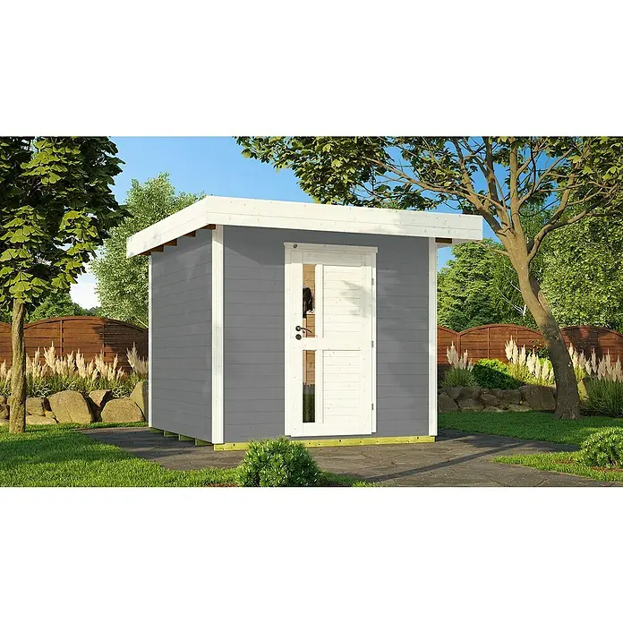Weka Gartenhaus 172 - Außenmaß inkl. Dachüberstand (B x T): 275 x 314 cm, Holz, Grau - Ein graues Gartenhaus mit weißem Dach und Tür, umgeben von Grün. Perfekt für die Aufbewahrung oder als gemütlicher Rückzugsort im Garten.