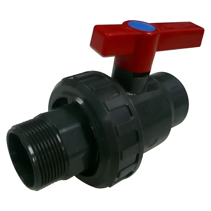 Gre Ablaufventil - Außendurchmesser: 50 mm - Ein PVC-Kugelhahn mit rotem Griff und blauem Punkt. Er ist schwarz und hat ein Gewinde an einem Ende.