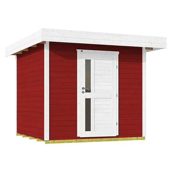 Weka Gartenhaus 172 - Außenmaß inkl. Dachüberstand (B x T): 275 x 375 cm, Holz, Schwedenrot - Ein rotes Gartenhaus mit weißem Dach und Tür, ideal für die Aufbewahrung von Gartengeräten und Werkzeugen. Praktisch und stilvoll.