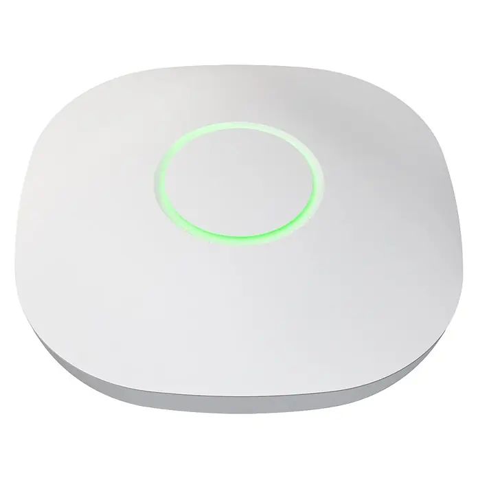 Fluidra Blue Connect WLAN-Verstärker - Passend für: Fluidra Blue Connect Wasser-Analysegerät - Nahaufnahme eines weißen, abgerundeten WLAN-Routers mit einem leuchtend grünen Ring auf schwarzem Hintergrund.