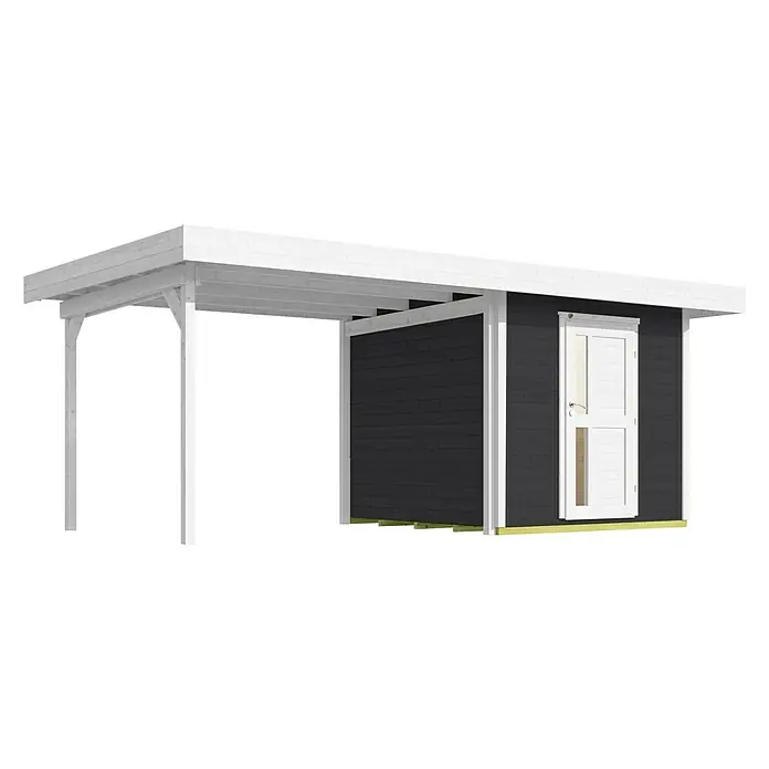 Weka Gartenhaus 172 B - Außenmaß inkl. Dachüberstand (B x T): 575 x 375 cm, Holz, Anthrazit - Moderne, schwarze Gartenlaube mit weißem Dach und Säulen. Eine perfekte Ergänzung für jeden Garten zum Entspannen.