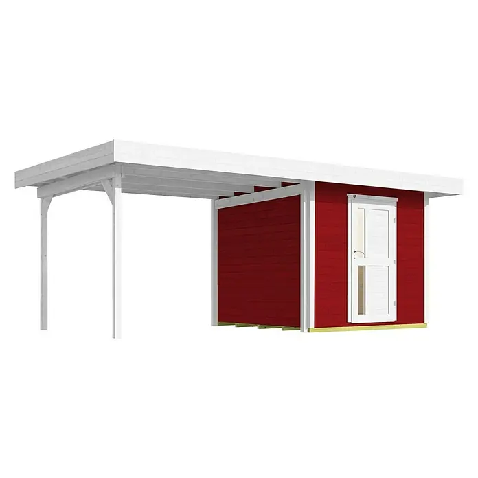 Weka Gartenhaus 172 B - Außenmaß inkl. Dachüberstand (B x T): 575 x 375 cm, Holz, Schwedenrot - Abbildung eines roten Gartenhauses mit einem weißen Carportanbau, ideal für die Aufbewahrung und als Unterstand im Freien.