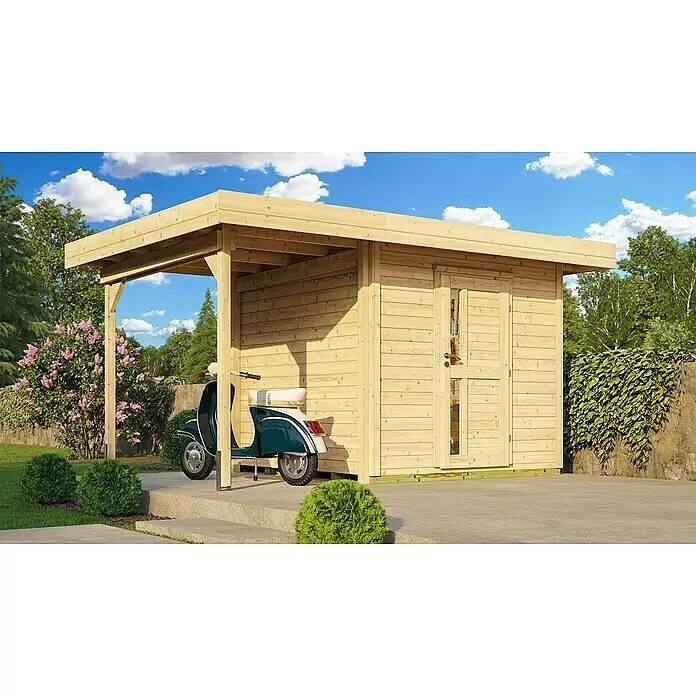 Weka Gartenhaus 172 A - Außenmaß inkl. Dachüberstand (B x T): 430 x 314 cm, Holz, Natur - Gartenschuppen aus hellem Naturholz mit integriertem Carport, der einen Roller schützt.