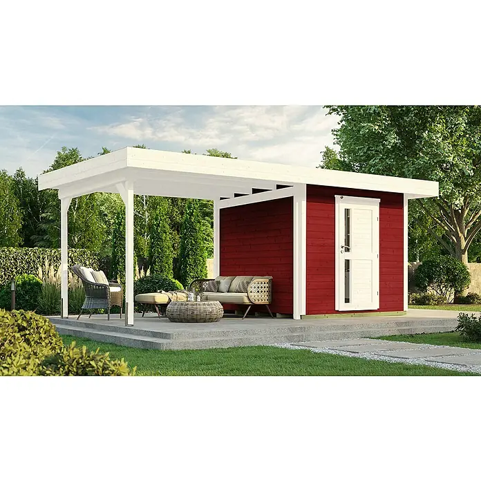 Weka Gartenhaus 172 B - Außenmaß inkl. Dachüberstand (B x T): 575 x 375 cm, Holz, Schwedenrot - Stilvolles Gartenhaus mit überdachter Terrasse. Das rote Holzhaus mit weißem Rahmen bietet einen gemütlichen Außenbereich mit Sitzgelegenheiten.