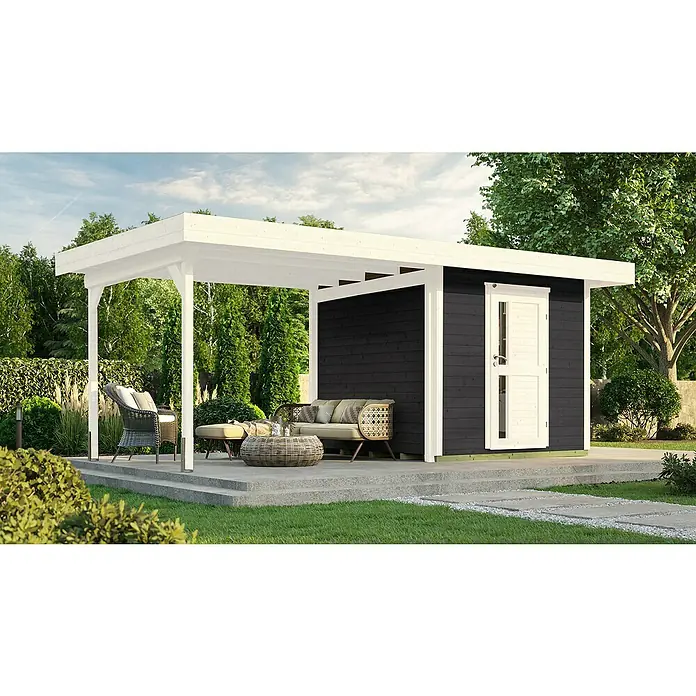 Weka Gartenhaus 172 B - Außenmaß inkl. Dachüberstand (B x T): 575 x 375 cm, Holz, Anthrazit - Geräumiges Gartenhaus mit Anbau für entspannte Stunden im Freien, ideal für Gartenliebhaber mit Stil.