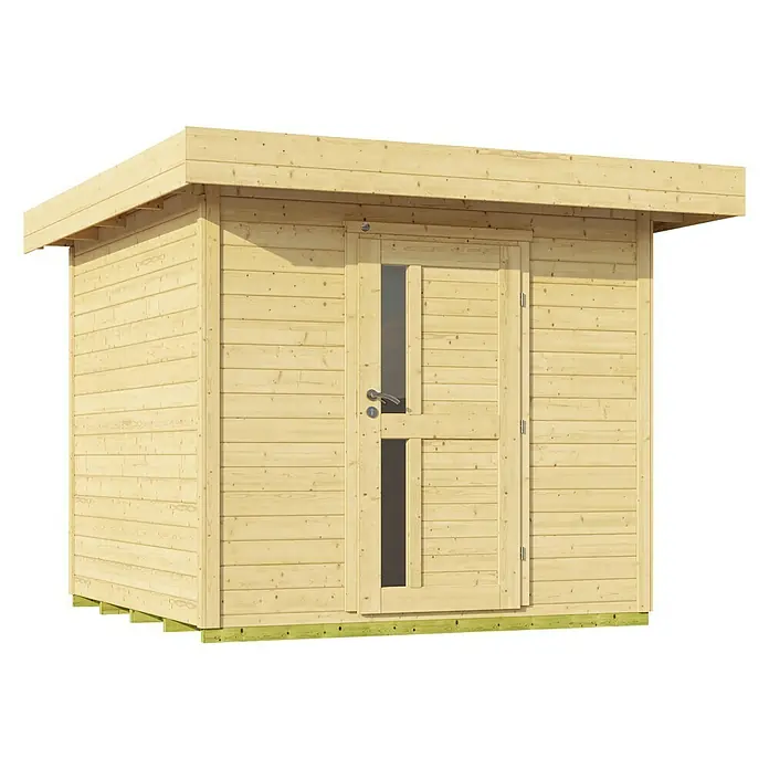 Weka Gartenhaus 172 - Außenmaß inkl. Dachüberstand (B x T): 275 x 314 cm, Holz, Natur - Außenansicht eines Holzgartenschuppens mit Flachdach und Doppeltür mit Glasfenstern.