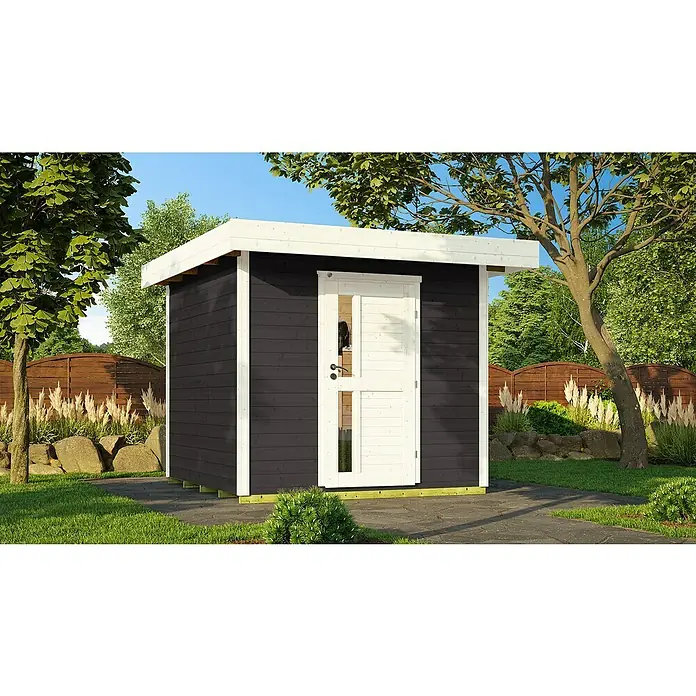 Weka Gartenhaus 172 - Außenmaß inkl. Dachüberstand (B x T): 275 x 375 cm, Holz, Anthrazit - Abgebildert ist ein modernes Gartenhaus mit Flachdach, dunkelgrauen Wänden und weißen Akzenten. Das Haus verfügt über eine Tür mit Glaseinsatz.