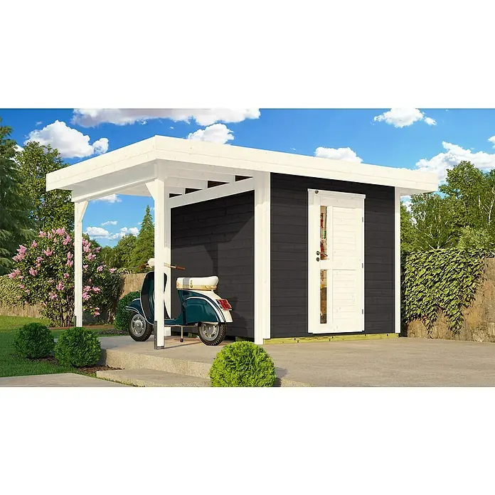 Weka Gartenhaus 172 A - Außenmaß inkl. Dachüberstand (B x T): 430 x 314 cm, Holz, Anthrazit - Ein modernes Gartenhaus mit Carport in Schwarz und Weiß, daneben ein türkisfarbener Motorroller auf einem gepflasterten Bereich.
