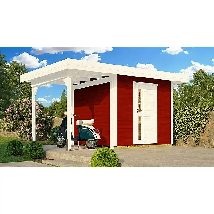Weka Gartenhaus 172 A - Außenmaß inkl. Dachüberstand (B x T): 430 x 375 cm, Holz, Schwedenrot - Ein roter Holzgartenschuppen mit angebautem weißem Carport. Ein blau-weißer Roller steht unter dem Carport.