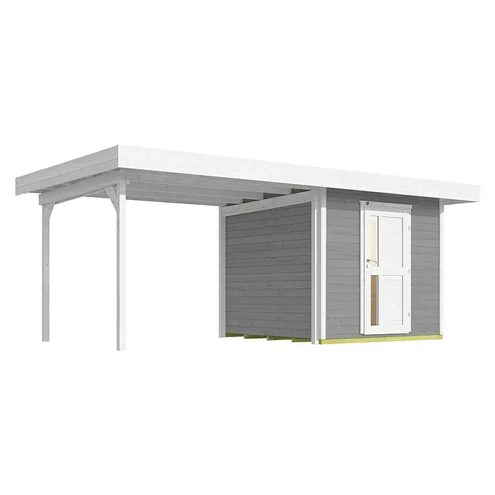 Weka Gartenhaus 172 B - Außenmaß inkl. Dachüberstand (B x T): 575 x 375 cm, Holz, Grau - Ein graues Gartenhaus mit weißem Anbau, ideal für Stauraum und zusätzlichen Schutz vor Witterungseinflüssen im Garten.