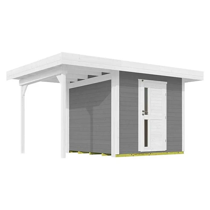 Weka Gartenhaus 172 A - Außenmaß inkl. Dachüberstand (B x T): 430 x 375 cm, Holz, Grau - Das Bild zeigt ein graues Gartenhaus mit einem weißen Dach und einer weißen Tür, das auf einem schwarzen Hintergrund steht.