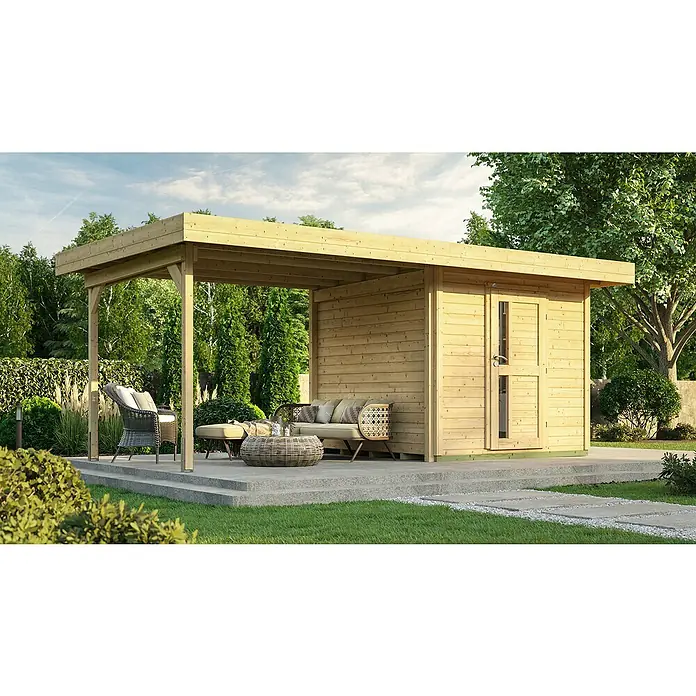 Weka Gartenhaus 172 B - Außenmaß inkl. Dachüberstand (B x T): 575 x 375 cm, Holz, Natur - Holzhaus mit überdachter Terrasse und Sitzbereich im Garten. Das Haus bietet einen gemütlichen Rückzugsort im Freien.
