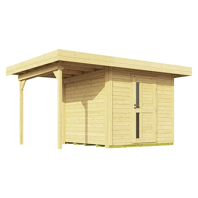 Weka Gartenhaus 172 A - Außenmaß inkl. Dachüberstand (B x T): 430 x 314 cm, Holz, Natur - Abbildung eines Holzgartenhauses mit Flachdach und überdachtem Eingangsbereich, ideal für Gartenlagerung und Entspannung im Freien.