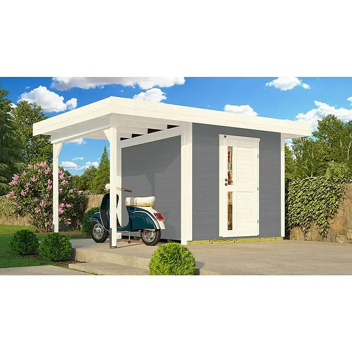 Weka Gartenhaus 172 A - Außenmaß inkl. Dachüberstand (B x T): 430 x 375 cm, Holz, Grau - Geräumiges Holzgartenhaus mit Carport und einem stilvollen, blaugrünen Roller davor, ideal für Gartenutensilien und als Unterstand.