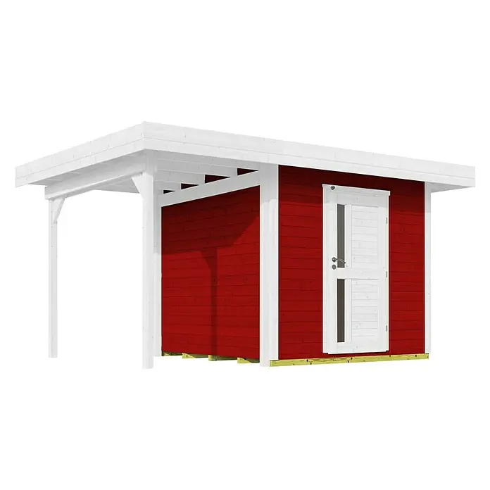 Weka Gartenhaus 172 A - Außenmaß inkl. Dachüberstand (B x T): 430 x 375 cm, Holz, Schwedenrot - Ein rotes Gartenhaus mit weißen Akzenten und einem überdachten Bereich, ideal für Lagerung oder als Hobbyraum im Freien.