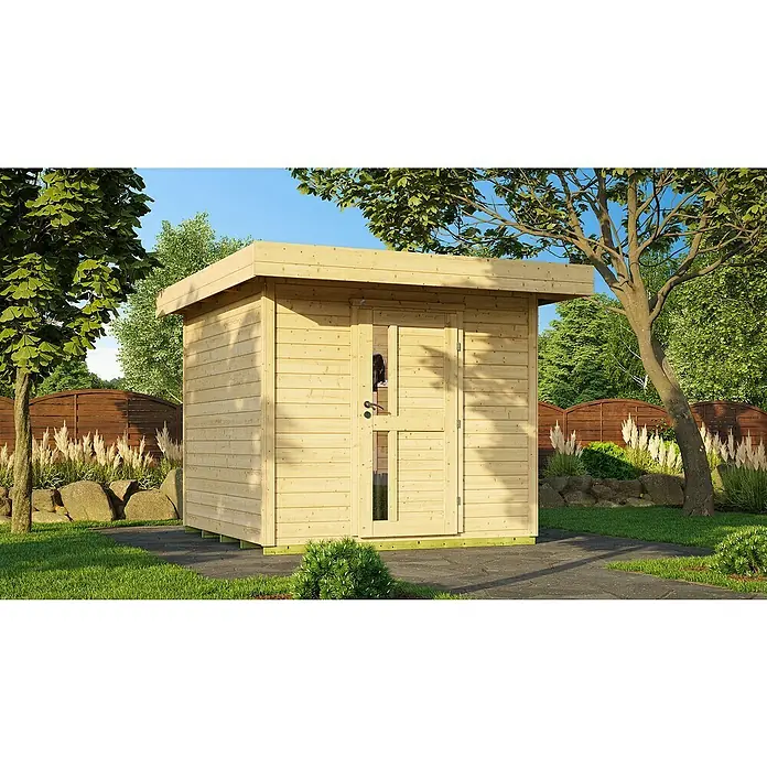 Weka Gartenhaus 172 - Außenmaß inkl. Dachüberstand (B x T): 275 x 314 cm, Holz, Natur - Ein helles Holzgartenhaus mit Flachdach und gläserner Doppeltür, umgeben von Grün. Ideal für Gartenliebhaber, die zusätzlichen Stauraum suchen.