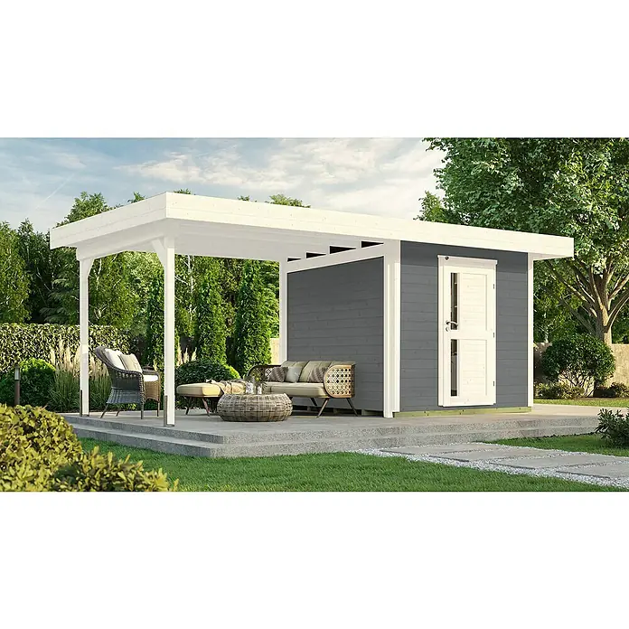 Weka Gartenhaus 172 B - Außenmaß inkl. Dachüberstand (B x T): 575 x 375 cm, Holz, Grau - Modernes Gartenhaus mit überdachter Terrasse und Sitzbereich. Das graue Holzhaus bietet zusätzlichen Stauraum im Freien.