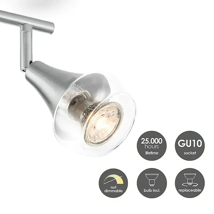 LED-Deckenstrahler Vaya - 5,8 W, L x B x H: 26 x 9 x 16,5 cm, Silber, Warmweiß - Nahaufnahme einer modernen Leuchte mit LED-Lampe, die 25.000 Stunden leuchtet und nicht dimmbar ist. GU10 Fassung, inkl. Leuchtmittel.
