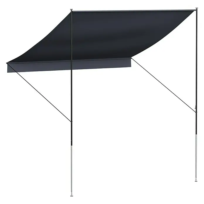 Angerer Klemmmarkise Style Anthrazit - Dunkelgrau, Breite: 2,5 m, Ausfall: 1,5 m - Das Bild zeigt eine schwarze Markise mit einem robusten Gestell, ideal für Schatten im Freien und zum Schutz vor Sonne.