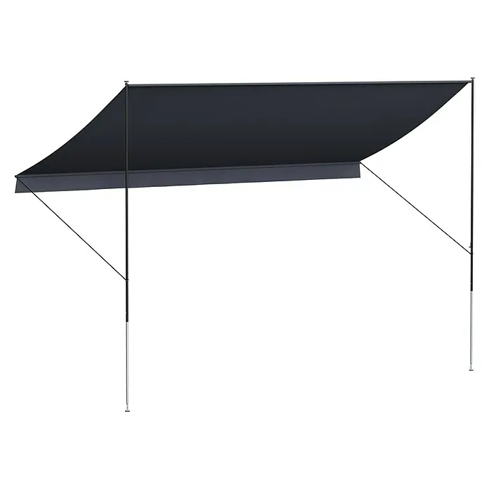 Angerer Klemmmarkise Style Anthrazit - Dunkelgrau, Breite: 4 m, Ausfall: 1,5 m - Eine ausziehbare Markise mit einem dunklen Segeltuch, das auf einem stabilen Rahmen mit verstellbaren Stützen montiert ist. Ideal für Schatten.
