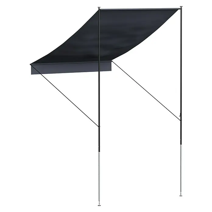Angerer Klemmmarkise Style Anthrazit - Dunkelgrau, Breite: 1,5 m, Ausfall: 1,5 m - Das Bild zeigt eine ausziehbare Markise mit stabilem Rahmen, ideal für Schatten im Freien und Schutz vor der Sonne. Die Markise ist in dunklen Farben gehalten.