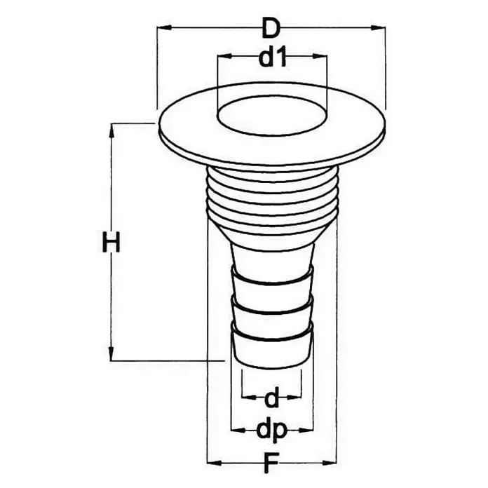 Toma de agua pasacascos - ¾″, Diámetro interior: 18 mm - Dibujo técnico de un desagüe con brida y múltiples conexiones de manguera con dimensiones para la instalación.