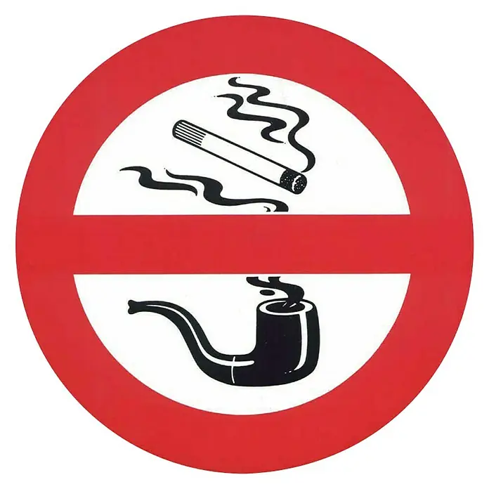 Señal de prohibición - Diámetro: 17 cm, Prohibido pisar - La imagen muestra una señal roja de prohibido fumar con un cigarrillo y una pipa tachados, lo que indica la prohibición de fumar.