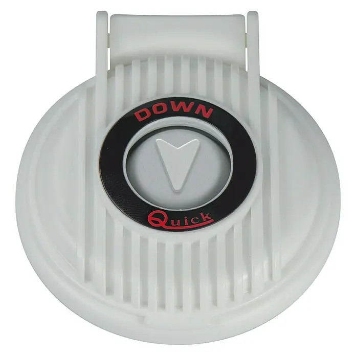 Pulsador down - L x An x Al: 85 x 77 x 12 mm, Blanco - Primer plano del botón Quick, con "DOWN" en la parte superior y "Quick" en la inferior en rojo, que permite un descenso rápido.